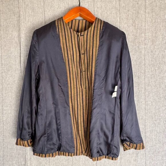 90s Vintage 90s Jones New York Linen Blend Tan Blue Green Strip Collarless Blaze - Picture 6 of 10
